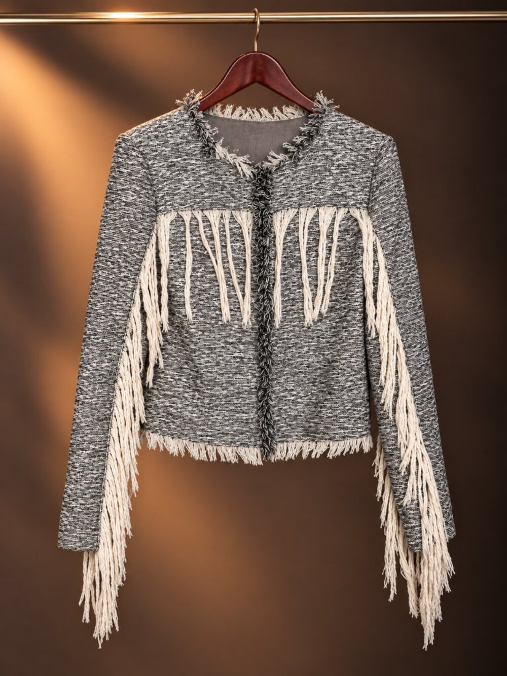 Sheri Bodell Heathered Gray Tweed Fringe Cropped Jacket Hook Front Size S